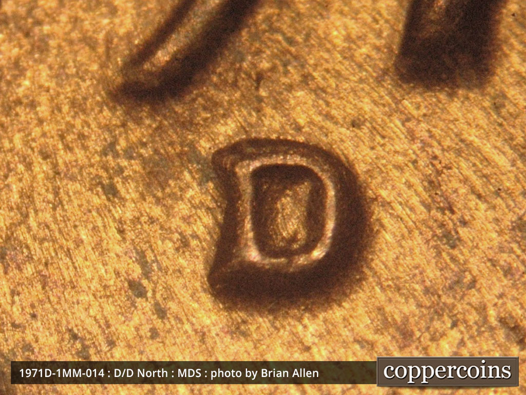 Die-stage B marker on 1971D•1MM•014 (1971 Repunched Mint Mark).