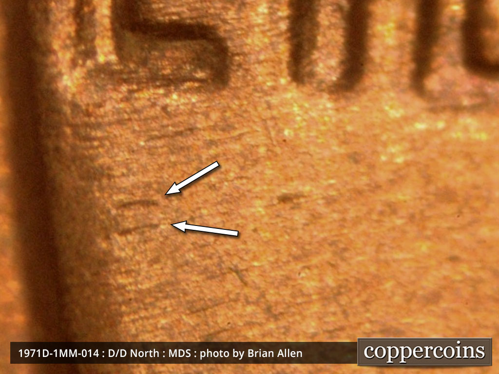 Die-stage B marker on 1971D•1MM•014 (1971 Repunched Mint Mark).