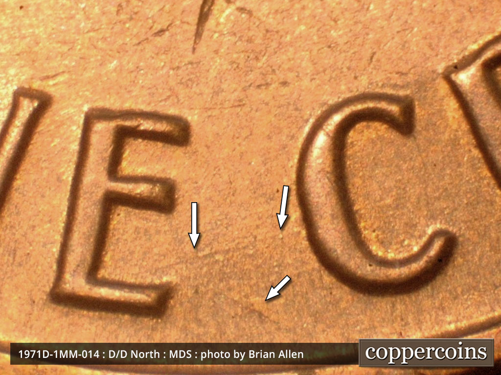 Die-stage B marker on 1971D•1MM•014 (1971 Repunched Mint Mark).