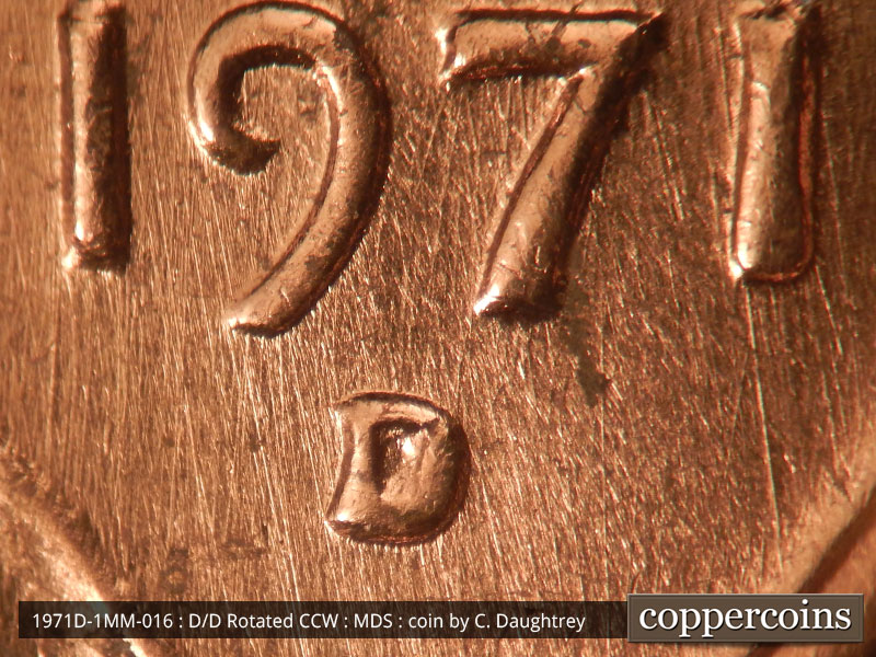 Die-stage B marker on 1971D•1MM•016 (1971 Repunched Mint Mark).