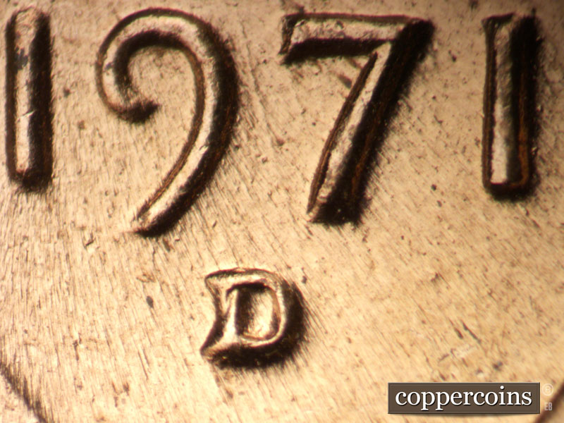 Die-stage C marker on 1971D•1MM•019 (1971 Repunched Mint Mark).