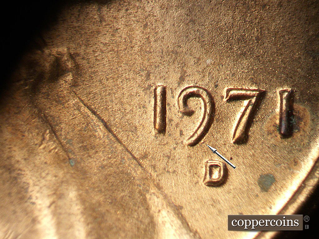 Die-stage B marker on 1971D•1MM•020 showing Die dot near lower 9 in date.