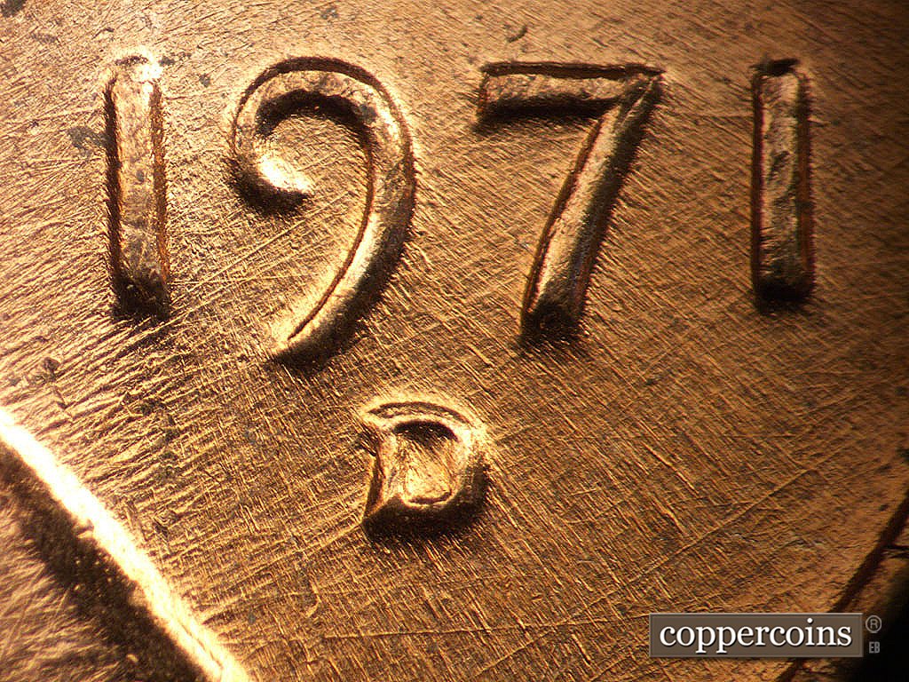 Die-stage B marker on 1971D•1MM•021 showing Close up of repunched mintmark.