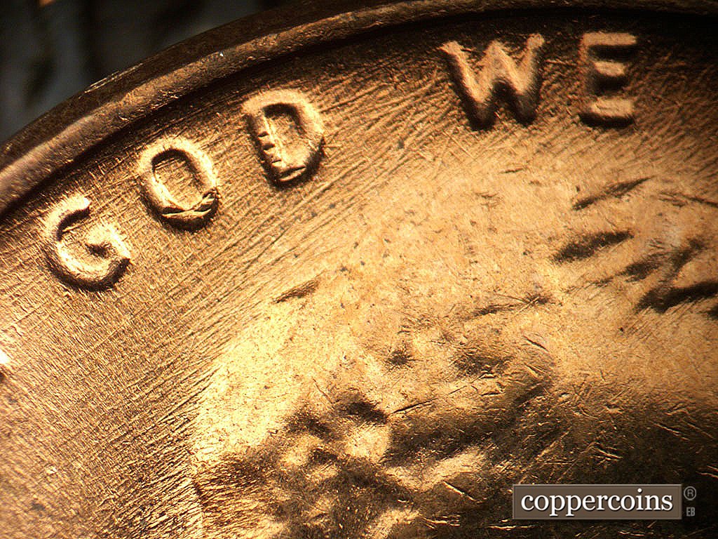 Die-stage B marker on 1971D•1MM•021 showing Die scratches through GOD and WE.