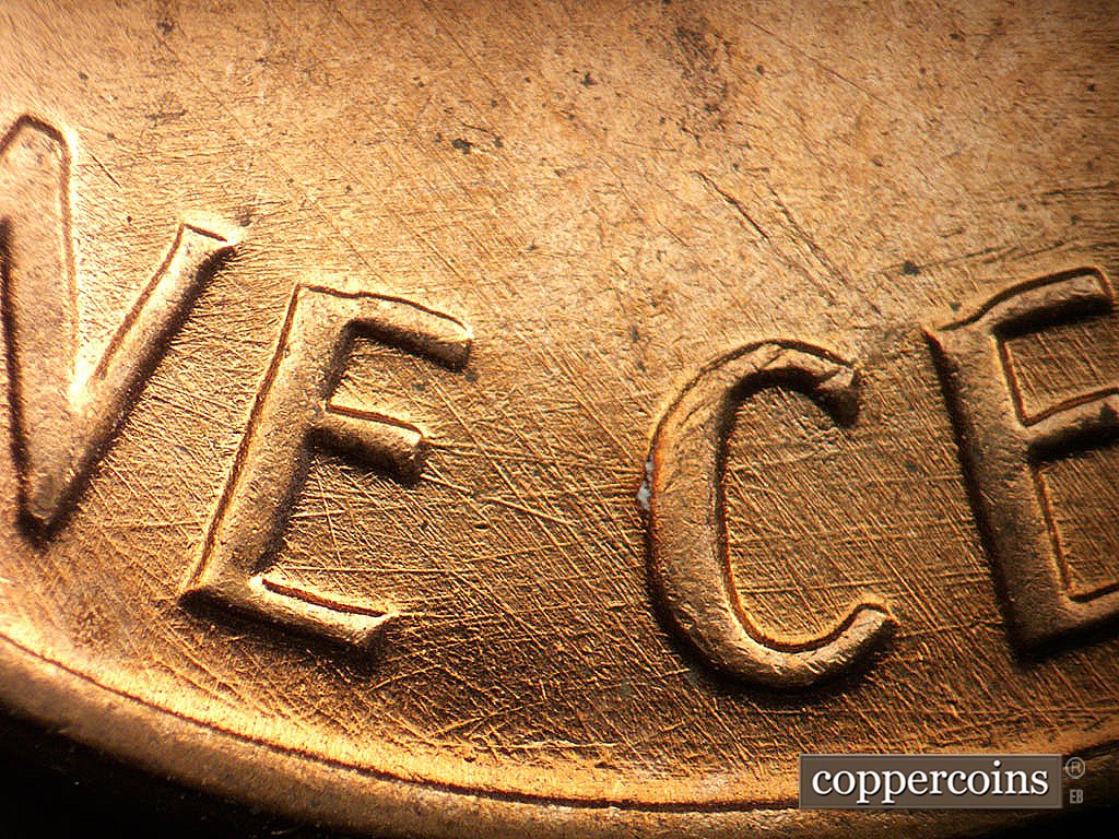 Die-stage B marker on 1971D•1MM•021 showing Die scratches through E in ONE and C in CENT.