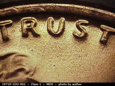 Die-stage B marker on 1971P•1DO•002 (1971 Doubled Die Obverse).