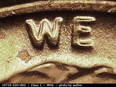 Die-stage B marker on 1971P•1DO•002 (1971 Doubled Die Obverse).