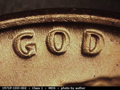 Die-stage B marker on 1971P•1DO•002 (1971 Doubled Die Obverse).