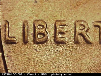 Die-stage B marker on 1971P•1DO•002 (1971 Doubled Die Obverse).