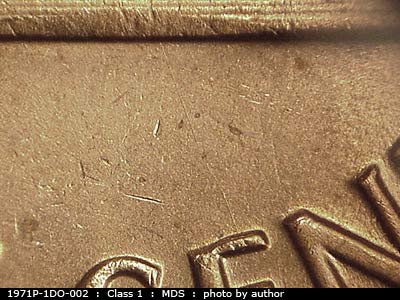 Die-stage B marker on 1971P•1DO•002 (1971 Doubled Die Obverse).