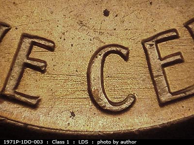 Die-stage C marker on 1971P•1DO•003 (1971 Doubled Die Obverse).