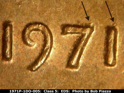 Die-stage A marker on 1971P•1DO•005 (1971 Doubled Die Obverse).