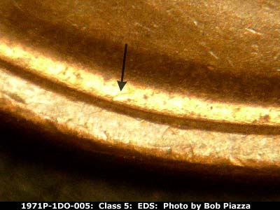 Die-stage A marker on 1971P•1DO•005 (1971 Doubled Die Obverse).