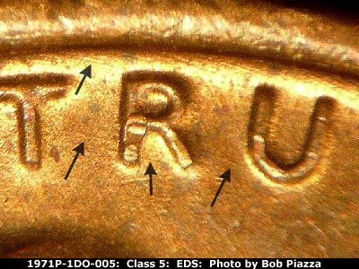 Die-stage A marker on 1971P•1DO•005 (1971 Doubled Die Obverse).
