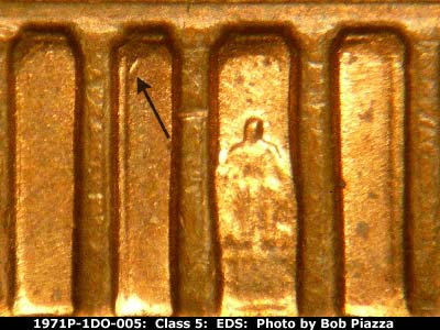 Die-stage A marker on 1971P•1DO•005 (1971 Doubled Die Obverse).