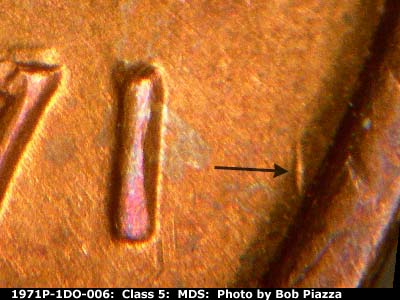 Die-stage B marker on 1971P•1DO•006 (1971 Doubled Die Obverse).