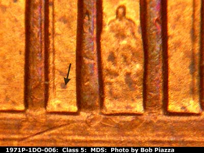 Die-stage B marker on 1971P•1DO•006 (1971 Doubled Die Obverse).
