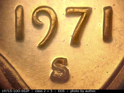 Die-stage A marker on 1971S•1DO•002P (1971 Doubled Die Obverse).