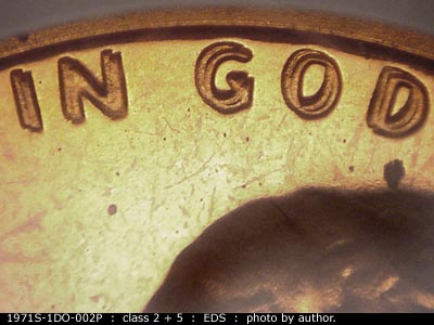 Die-stage A marker on 1971S•1DO•002P (1971 Doubled Die Obverse).