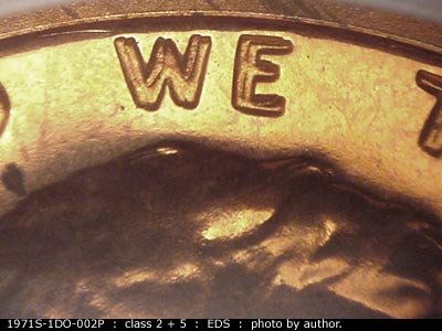 Die-stage A marker on 1971S•1DO•002P (1971 Doubled Die Obverse).