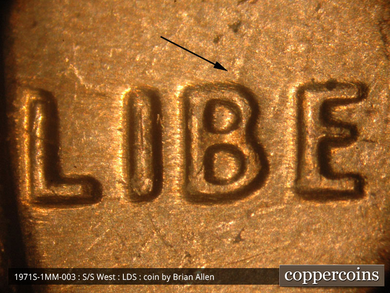Die-stage C marker on 1971S•1MM•003 (1971 Repunched Mint Mark).