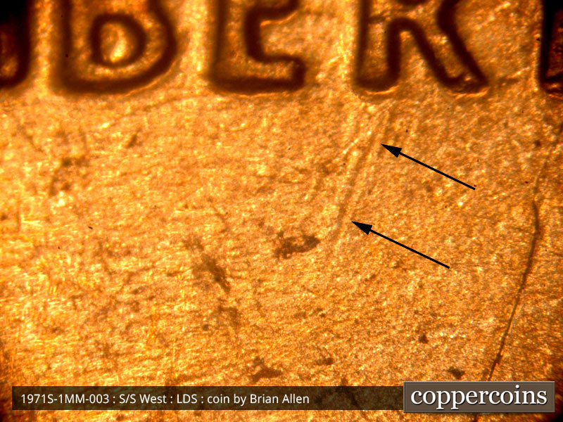 Die-stage C marker on 1971S•1MM•003 (1971 Repunched Mint Mark).