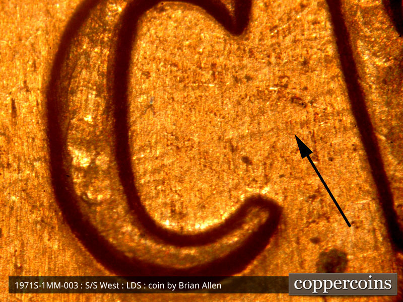 Die-stage C marker on 1971S•1MM•003 (1971 Repunched Mint Mark).