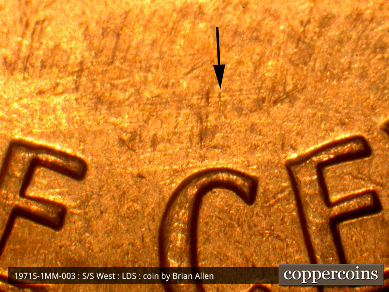 Die-stage C marker on 1971S•1MM•003 (1971 Repunched Mint Mark).