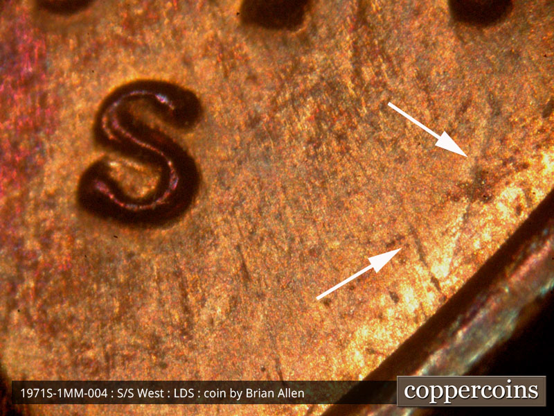 Die-stage C marker on 1971S•1MM•004 (1971 Repunched Mint Mark).