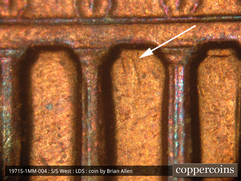 Die-stage C marker on 1971S•1MM•004 (1971 Repunched Mint Mark).
