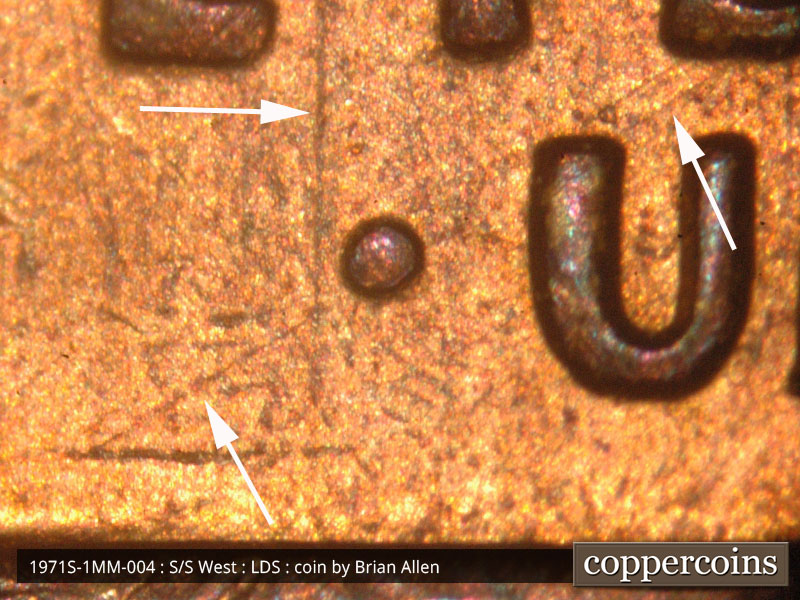 Die-stage C marker on 1971S•1MM•004 (1971 Repunched Mint Mark).