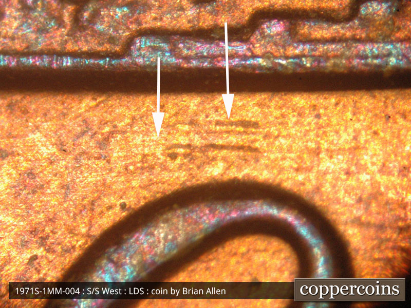 Die-stage C marker on 1971S•1MM•004 (1971 Repunched Mint Mark).