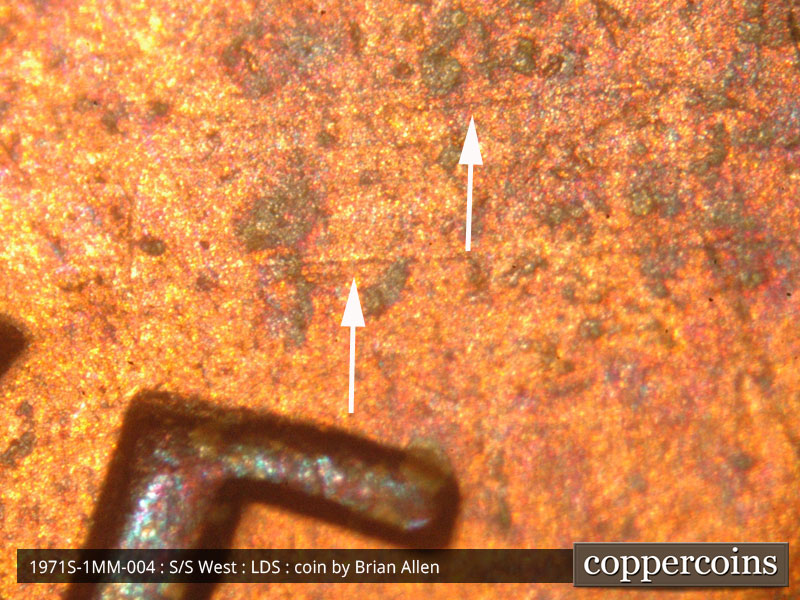 Die-stage C marker on 1971S•1MM•004 (1971 Repunched Mint Mark).