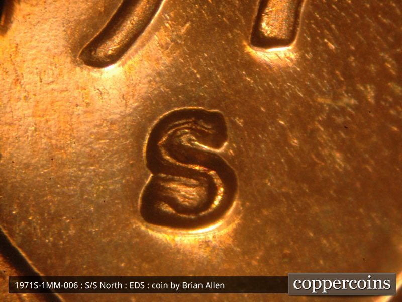Die-stage A marker on 1971S•1MM•006P (1971 Repunched Mint Mark).