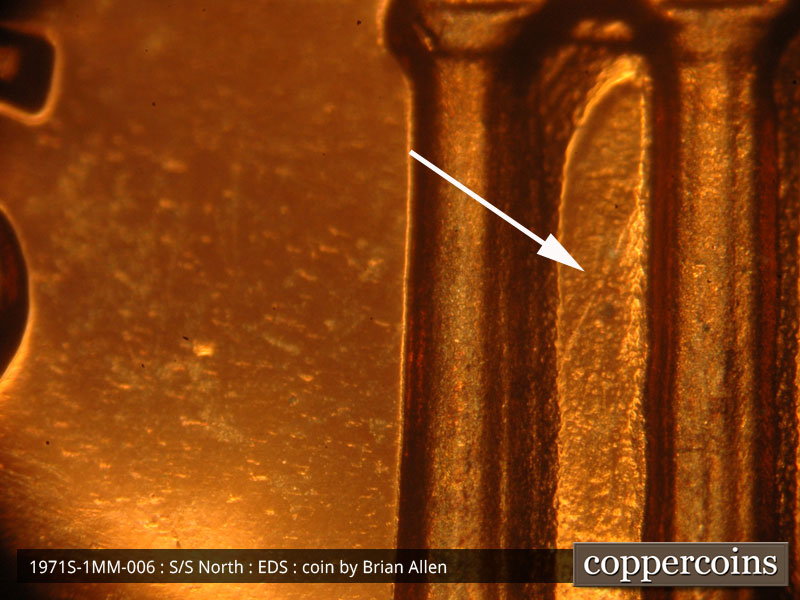 Die-stage A marker on 1971S•1MM•006P (1971 Repunched Mint Mark).