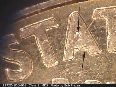 Die-stage B marker on 1972D•1DO•002 (1972 Doubled Die Obverse).