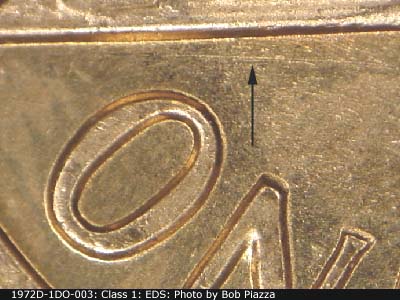 Die-stage A marker on 1972D•1DO•003 (1972 Doubled Die Obverse).