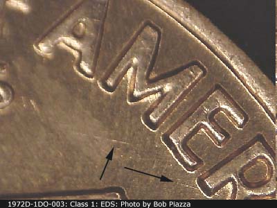 Die-stage A marker on 1972D•1DO•003 (1972 Doubled Die Obverse).