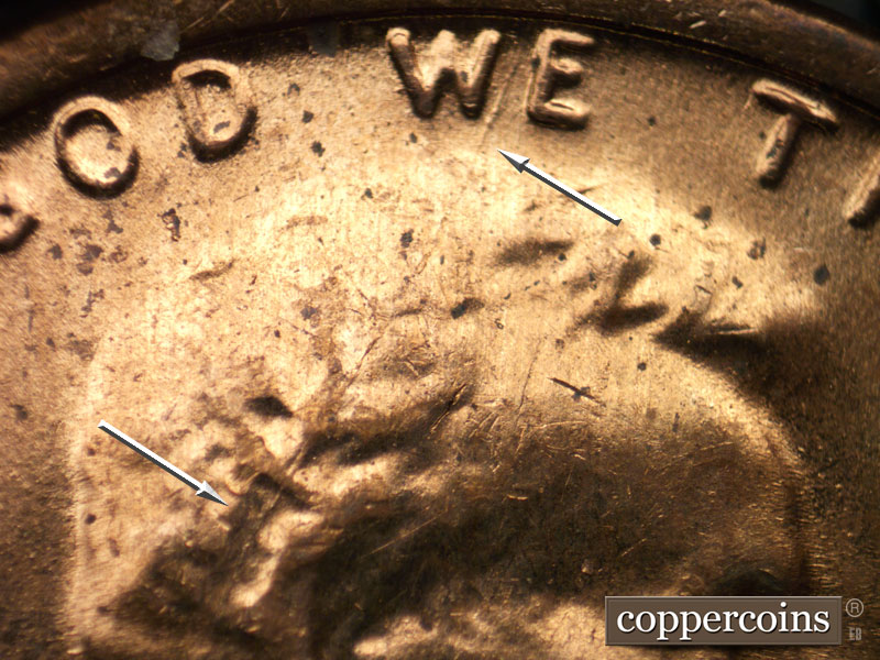 Die-stage B marker on 1972D•1DR•002 (1972 Doubled Die Reverse).