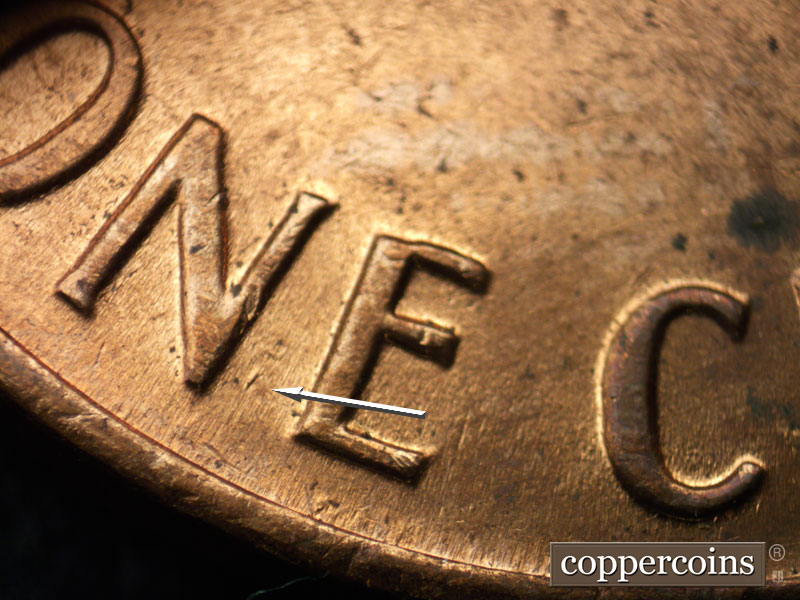 Die-stage B marker on 1972D•1DR•002 (1972 Doubled Die Reverse).