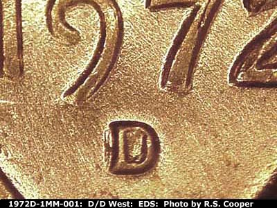 Die-stage A marker on 1972D•1MM•001 (1972 Repunched Mint Mark).
