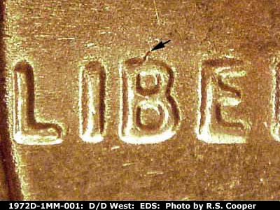 Die-stage A marker on 1972D•1MM•001 (1972 Repunched Mint Mark).