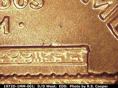 Die-stage A marker on 1972D•1MM•001 (1972 Repunched Mint Mark).