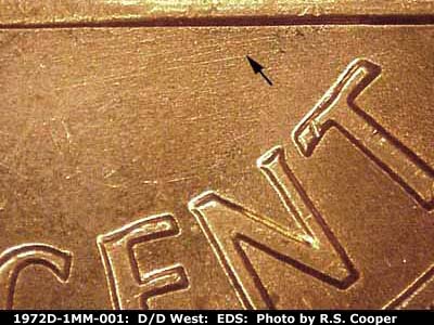 Die-stage A marker on 1972D•1MM•001 (1972 Repunched Mint Mark).