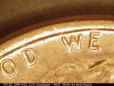 Die-stage B marker on 1972D•1MM•002 (1972 Repunched Mint Mark).
