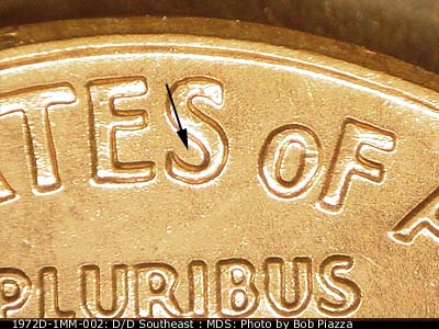 Die-stage B marker on 1972D•1MM•002 (1972 Repunched Mint Mark).