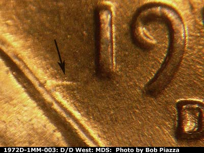 Die-stage B marker on 1972D•1MM•003 (1972 Repunched Mint Mark).
