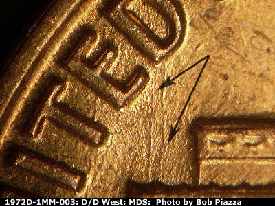 Die-stage B marker on 1972D•1MM•003 (1972 Repunched Mint Mark).