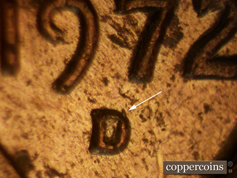 Die-stage C marker on 1972D•1MM•004 (1972 Repunched Mint Mark).