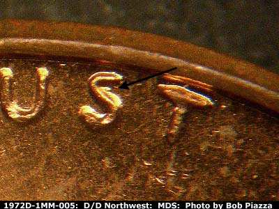 Die-stage B marker on 1972D•1MM•005 (1972 Repunched Mint Mark).